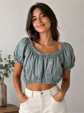 KIWI + PUNCH Top Women’s L Green Off Shoulder Crop Puff Sleeve Smocked Boho NWT
